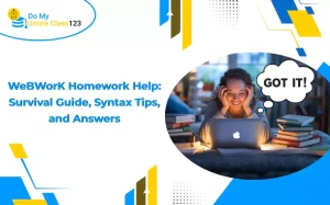 A student uses a laptop for WeBWorK homework help, seeking WeBWorK answers online to master syntax