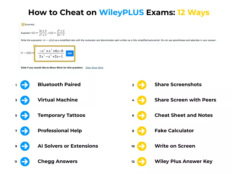 Infographic detailing twelve ways to cheat on WileyPLUS exams to find reliable WileyPlus answers help<br />
