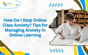 Student studying on a laptop with headphones, a guide on how to stop online class anxiety.
