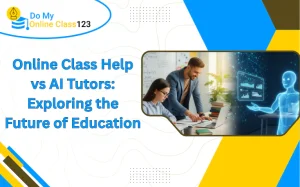 Online class help vs AI tutors concept showing comparison of human tutoring and AI technology for the future of education.