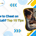 How to Cheat on MyStatLab with top 9 tips shown alongside a student working on laptop.