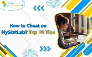 How to Cheat on MyStatLab with top 9 tips shown alongside a student working on laptop.